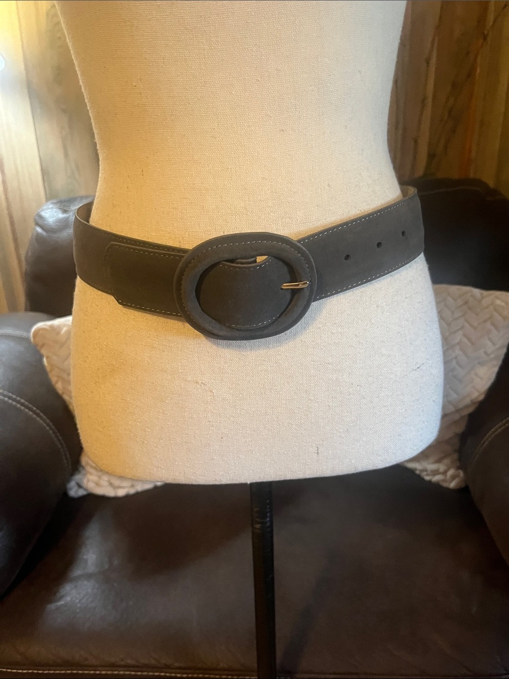 Ann Taylor Wide Leather Oval Buckle Belt Capsule Gray Classic Neutral Minimalist